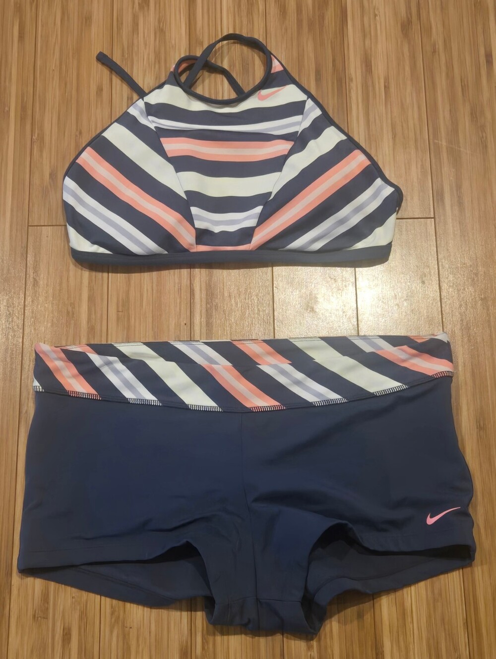 Nike Navy, Coral & White Striped High-Neck Bikini Set